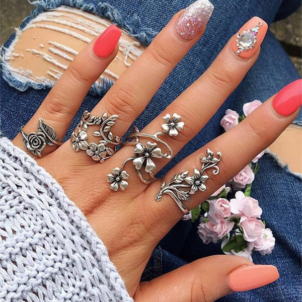 Antique Silver Color Vintage Bohemia  Rose Flower Rings Set