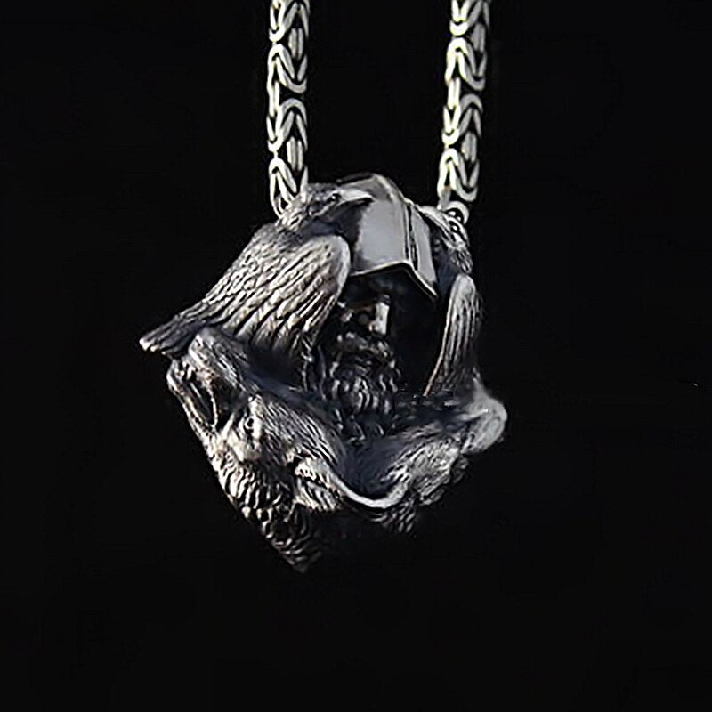 Norse Odin Viking Stainless Steel Pendant Scandinavian Raven Wolf Men's Amulet
