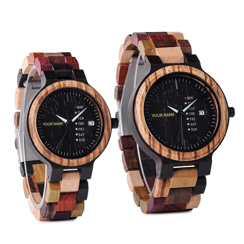 Quartz Week Date Display Wood Watch
