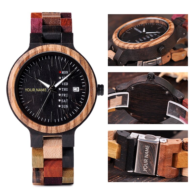 Quartz Week Date Display Wood Watch