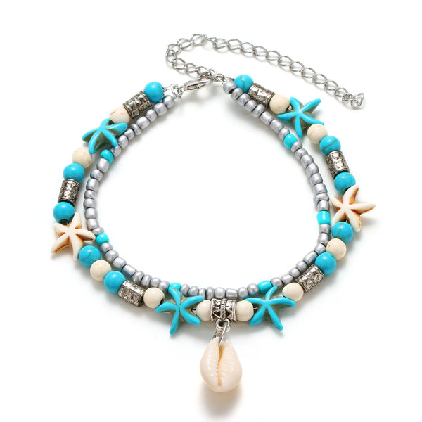 Tobilleras bohemias de múltiples capas con estrellas de mar y conchas para mujer