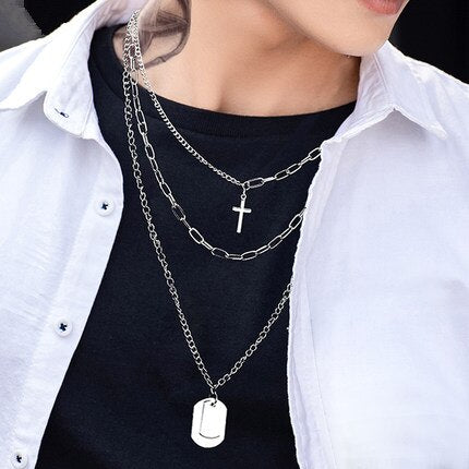 Personality Hip Hop Metal Cross Pendant Silver Color Chain Necklace