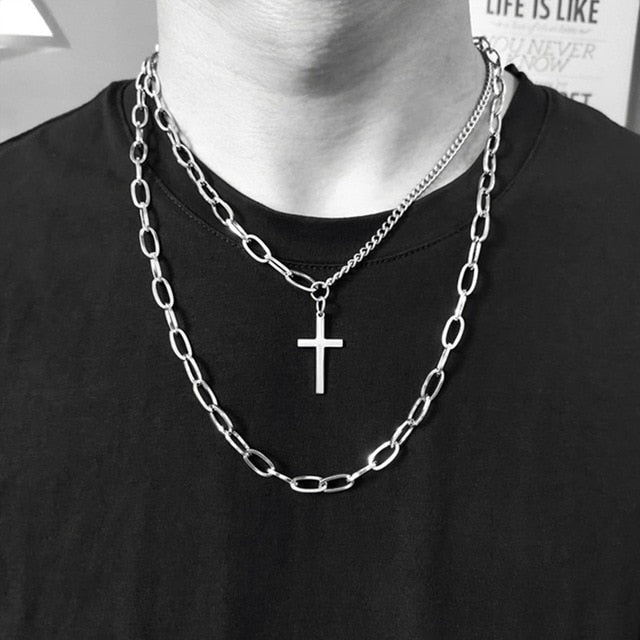 Personality Hip Hop Metal Cross Pendant Silver Color Chain Necklace