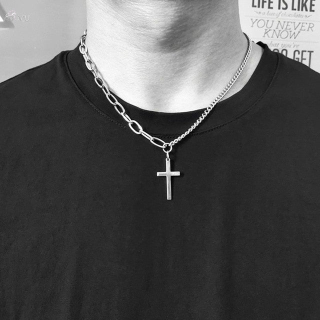 Personality Hip Hop Metal Cross Pendant Silver Color Chain Necklace