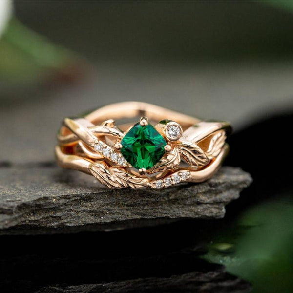 Green Cubic Zircon Stone Fresh Leaves Band Design Engagement Rings