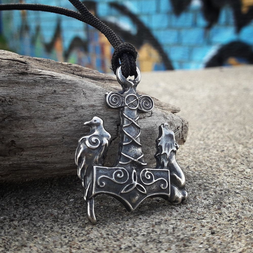 Viking Ravens Wolf Thor Hammer Mjolnir Pendant Necklace