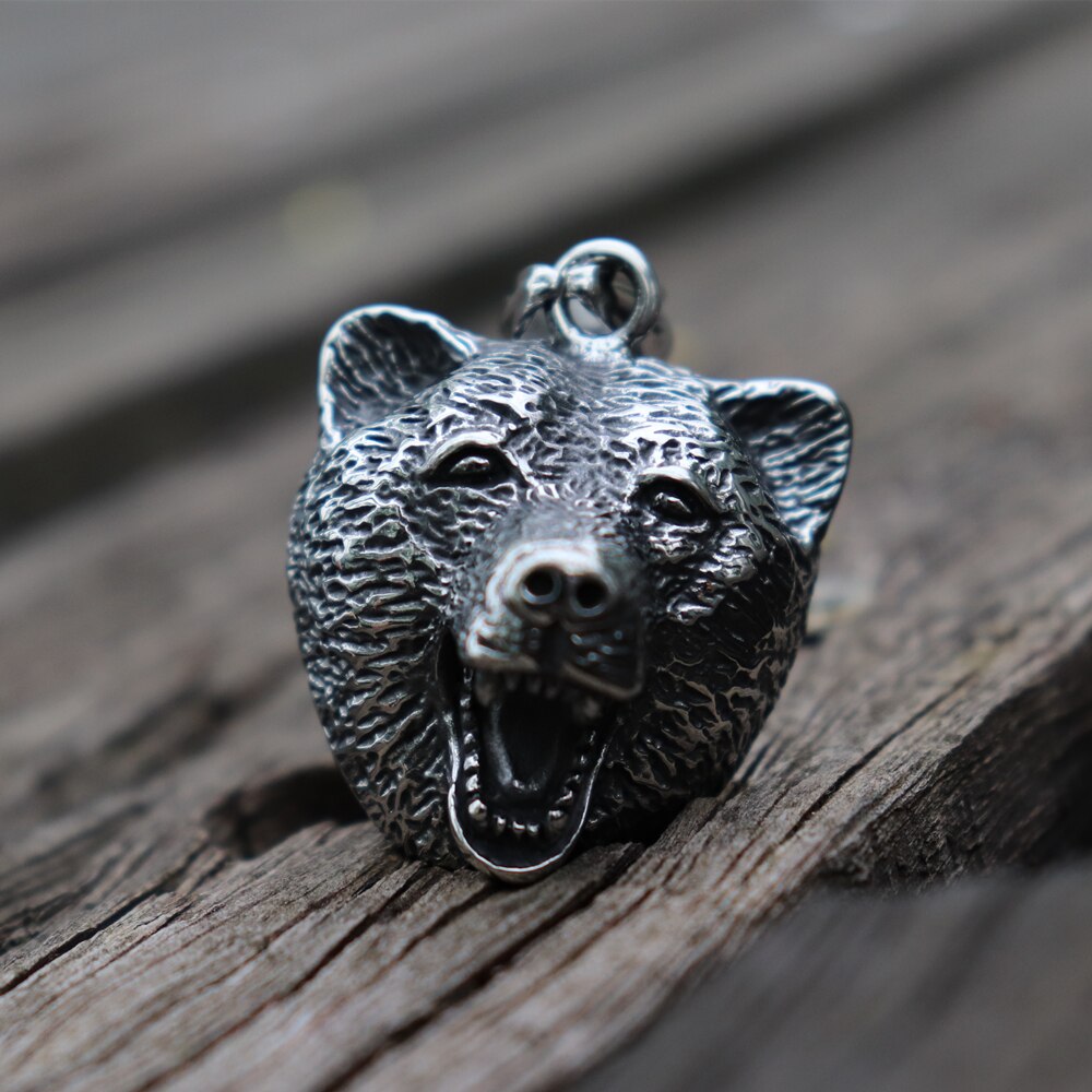 Vintage Wild Viking Bear Head Stainless Steel Pendant Necklace