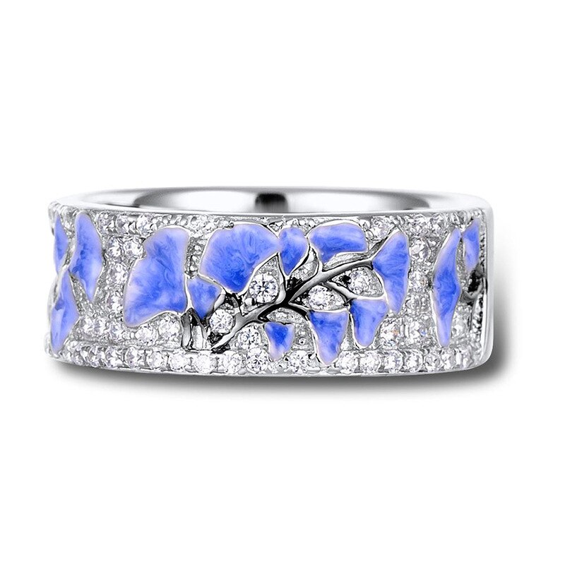 Elegant  Blue Ginkgo Leaf Flower Silver Hoop Earrings Ring Set