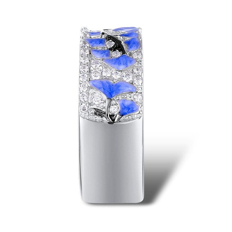 Elegant  Blue Ginkgo Leaf Flower Silver Hoop Earrings Ring Set