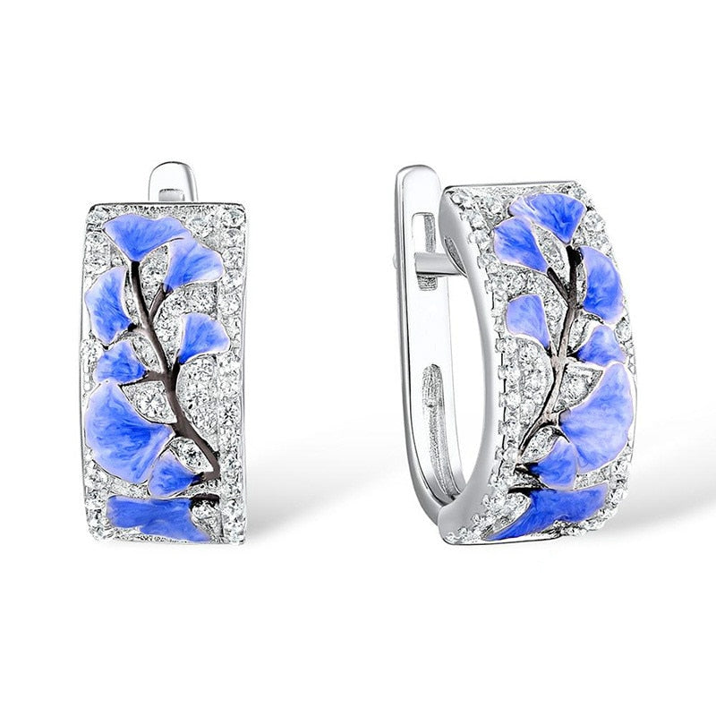 Elegant  Blue Ginkgo Leaf Flower Silver Hoop Earrings Ring Set