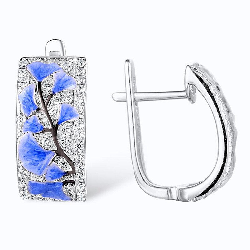 Elegant  Blue Ginkgo Leaf Flower Silver Hoop Earrings Ring Set