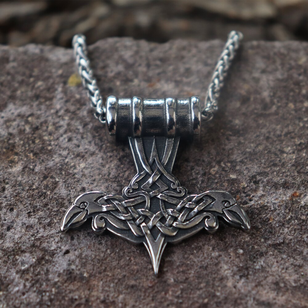 Viking Celtics Double Crow Mjolnir Thor's Hammer Stainless Steel Pendant