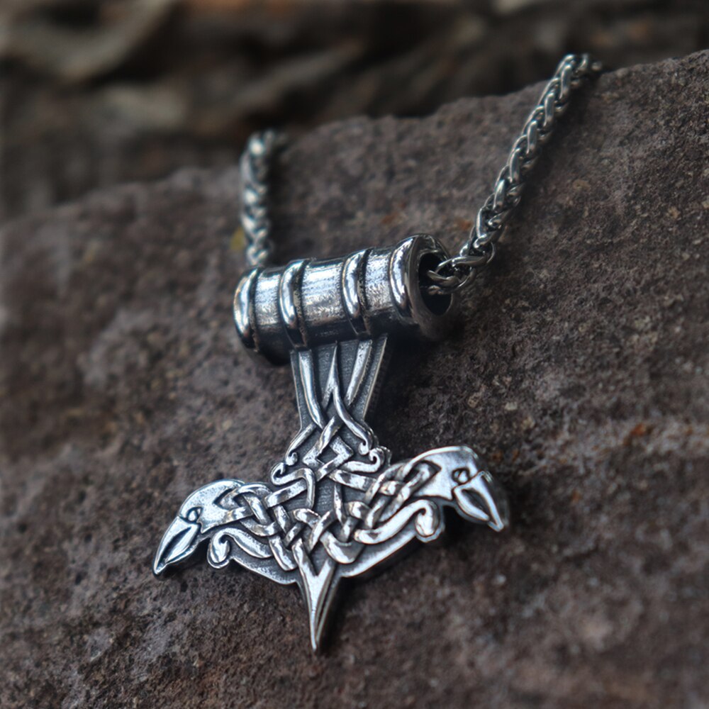Viking Celtics Double Crow Mjolnir Thor's Hammer Stainless Steel Pendant