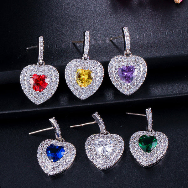 Silver Colour Big Heart Yellow And White Cubic Zirconia Drop Earrings