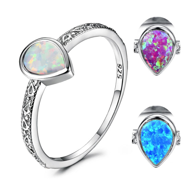 Luxury White Gold Filled Jewelry Water Drop White/Blue/Purple Fire Opal Rings