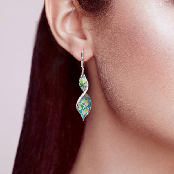 Pendientes largos de plata de ley 925 con flores de colores para mujer
