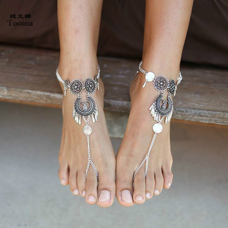 Vintage Silver Color Foot Chain Bohemian Tassel Anklets for Women