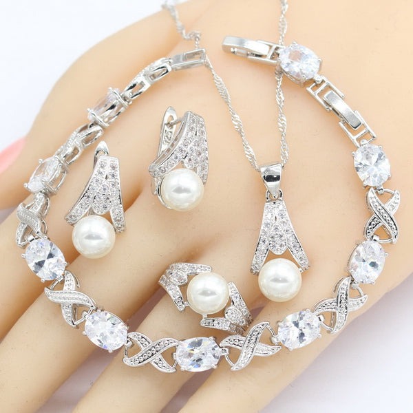 Conjuntos de joyas de color plata con perlas de agua dulce blancas