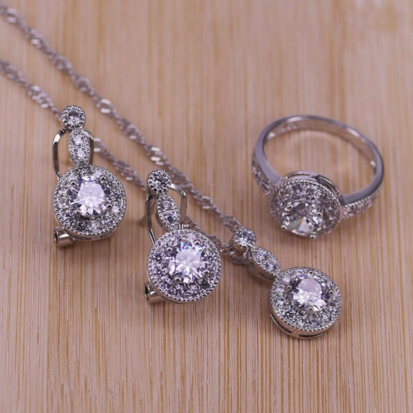 Fashion Round White Cubic Zirconia  Silver Color Wedding Jewelry Sets