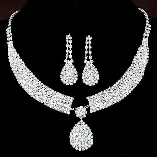 Luxurious  Austria Crystal  Drop Earring Necklace Wedding Jewelry Sets