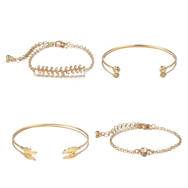 Fashion Geometric Gold Color Crystal Leaf Bracelet Set