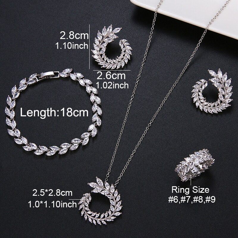 Leaf Shape Fashion CZ Necklace Earring Bracelet and Ring Sets