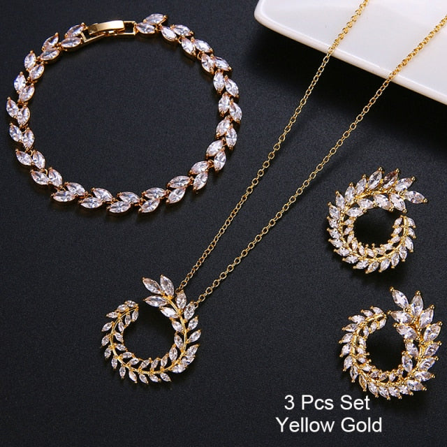 Leaf Shape Fashion CZ Necklace Earring Bracelet and Ring Sets