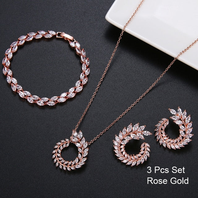Leaf Shape Fashion CZ Necklace Earring Bracelet and Ring Sets