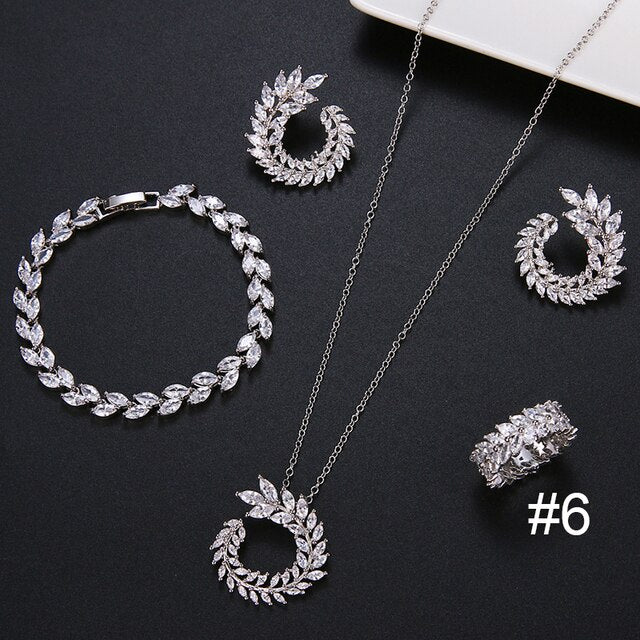 Leaf Shape Fashion CZ Necklace Earring Bracelet and Ring Sets