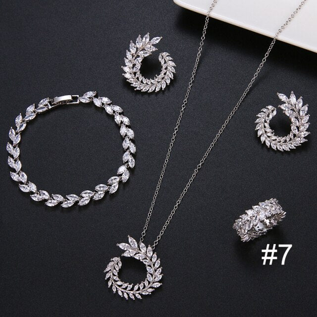Leaf Shape Fashion CZ Necklace Earring Bracelet and Ring Sets