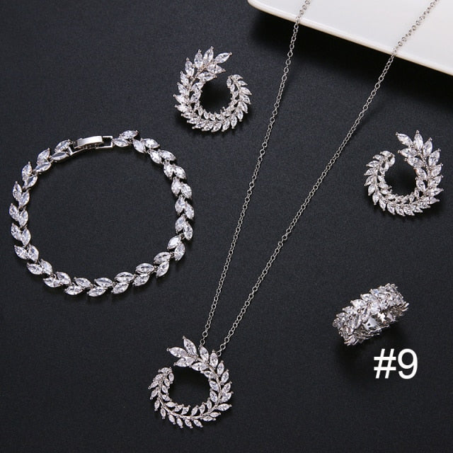 Leaf Shape Fashion CZ Necklace Earring Bracelet and Ring Sets