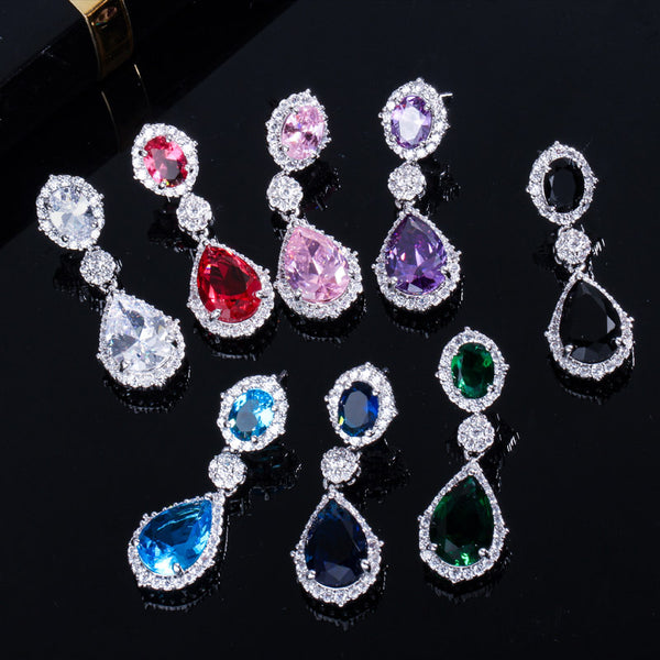 Pink Sapphire CZ Crystal Topaz Bridal Wedding Long Big Teardrop Earrings