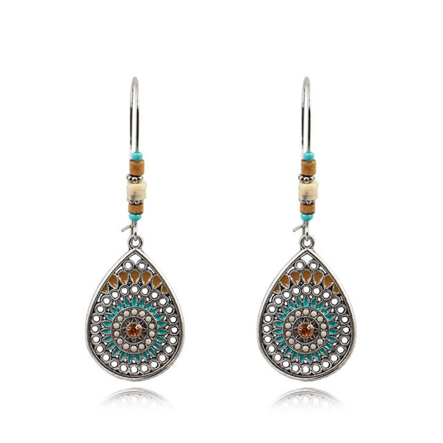 Women Alloy Crystal Ethnic Beads Boho Flower Earrings