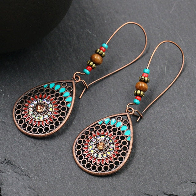 Women Alloy Crystal Ethnic Beads Boho Flower Earrings