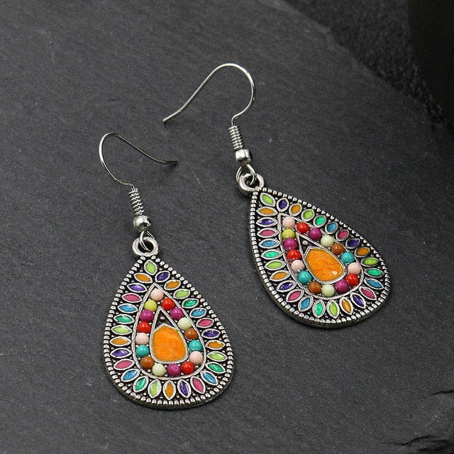 Women Alloy Crystal Ethnic Beads Boho Flower Earrings