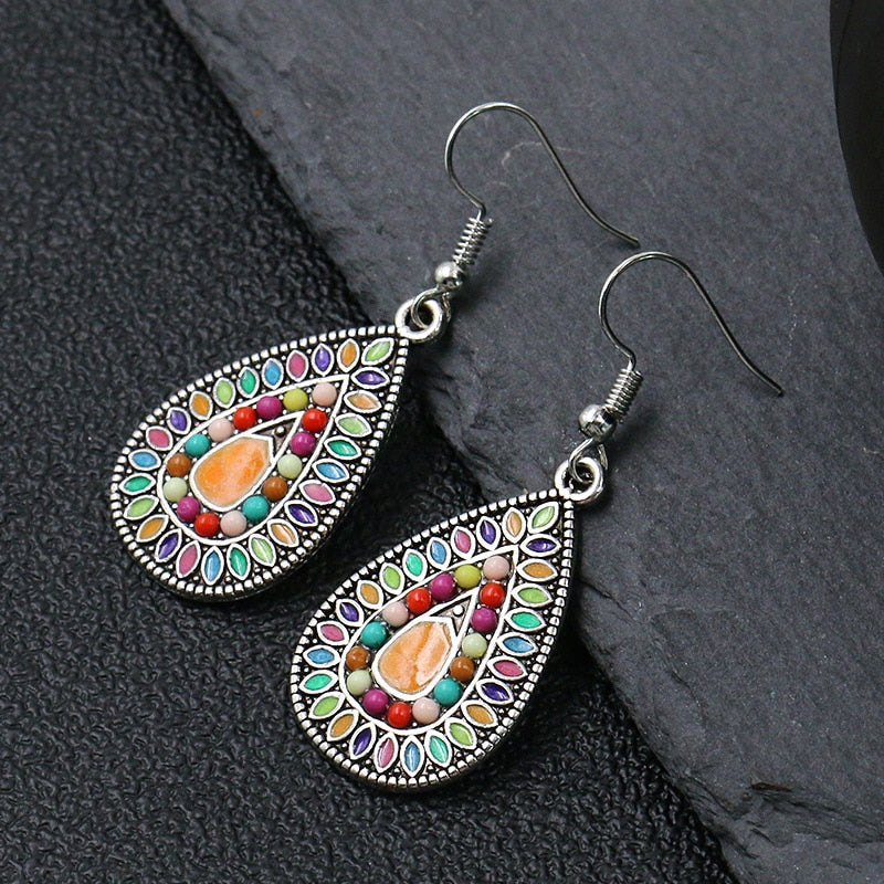 Women Alloy Crystal Ethnic Beads Boho Flower Earrings