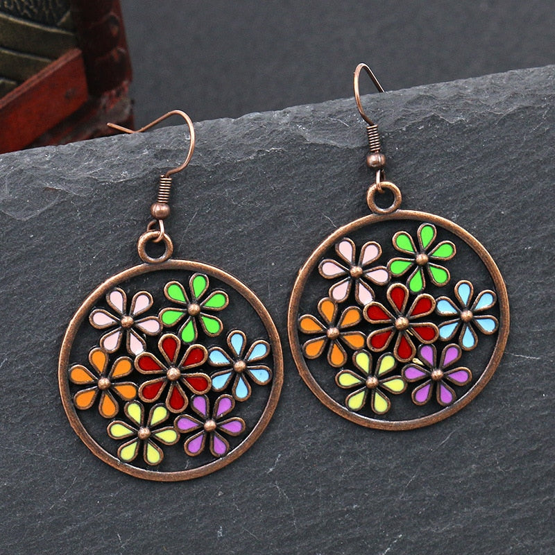 Women Alloy Crystal Ethnic Beads Boho Flower Earrings