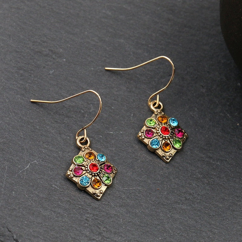 Women Alloy Crystal Ethnic Beads Boho Flower Earrings
