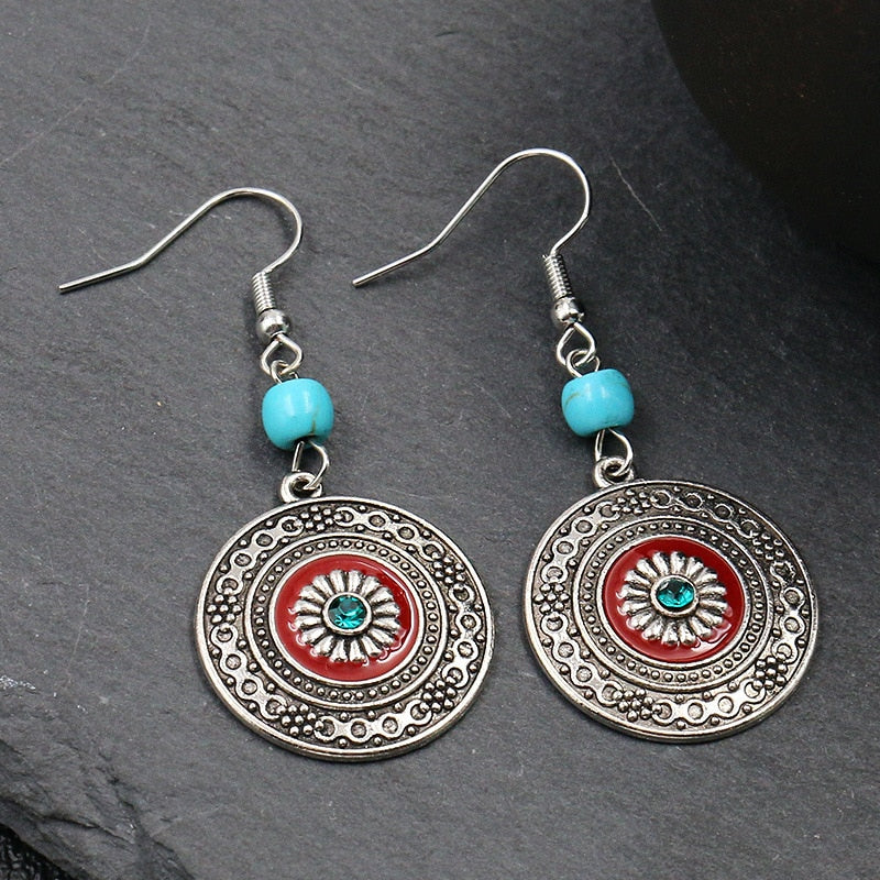 Women Alloy Crystal Ethnic Beads Boho Flower Earrings
