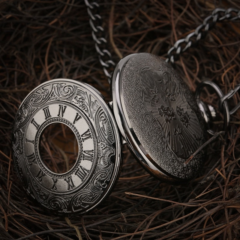 Black Roman Numerals Quartz Pocket Watch