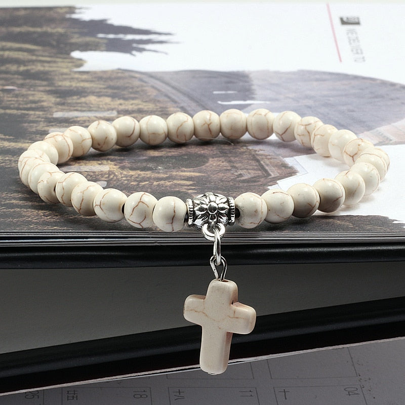 Vintage Cross  Men Blue Turquoises Pendant Strand Bracelets