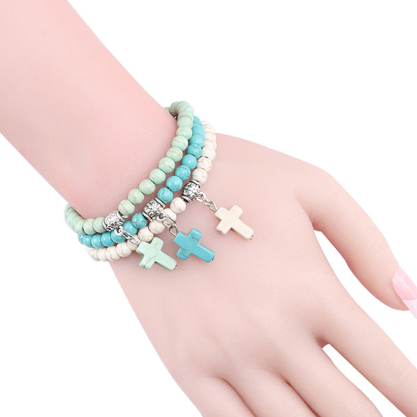 Pulseras de hilo con colgante de turquesas azules para hombre con cruz vintage