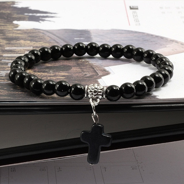 Vintage Cross  Men Blue Turquoises Pendant Strand Bracelets