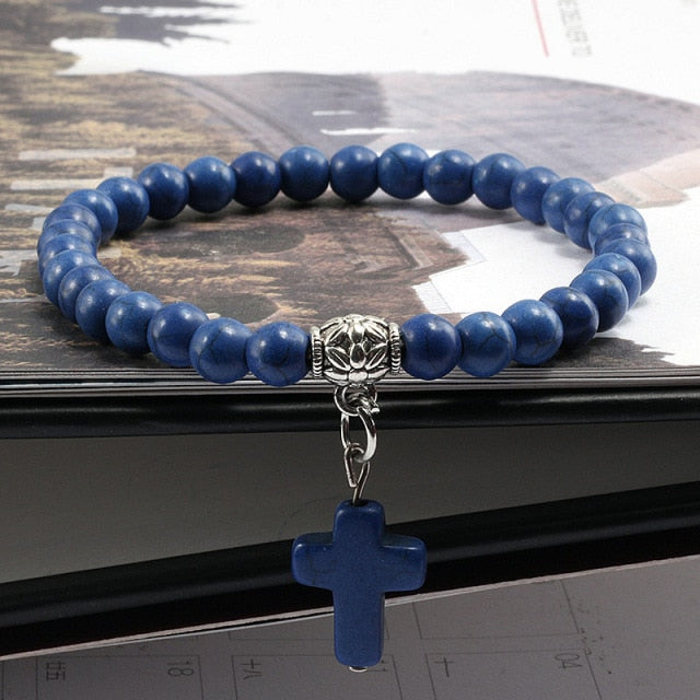 Vintage Cross  Men Blue Turquoises Pendant Strand Bracelets