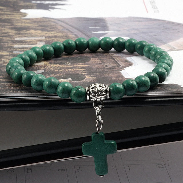 Vintage Cross  Men Blue Turquoises Pendant Strand Bracelets