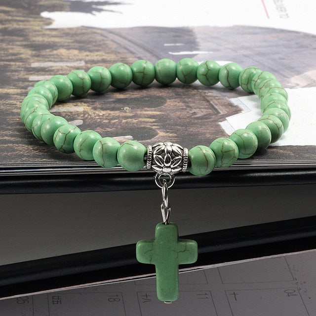 Vintage Cross  Men Blue Turquoises Pendant Strand Bracelets