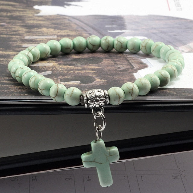 Vintage Cross  Men Blue Turquoises Pendant Strand Bracelets