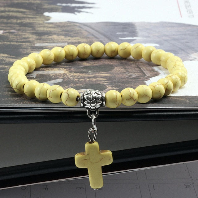 Vintage Cross  Men Blue Turquoises Pendant Strand Bracelets
