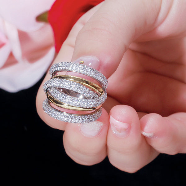 Luxury Full Pave Cubic Zirconia Geometric Twist Big Round Dubai Gold Finger Rings