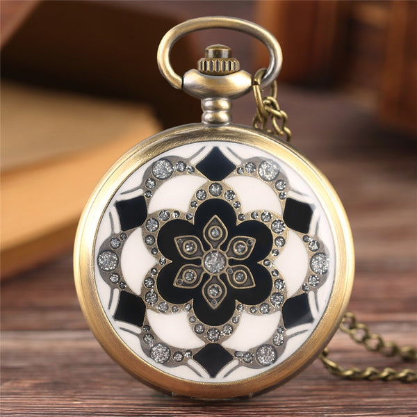 Vintage Bronze Copper White Jade Flower Crystal Big Quartz Pocket Watch